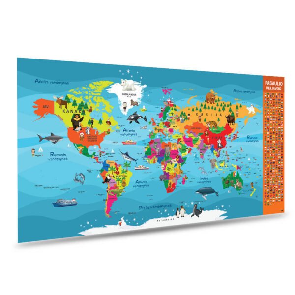Pasaulio žemėlapis internetu su vėliavomis vaikams