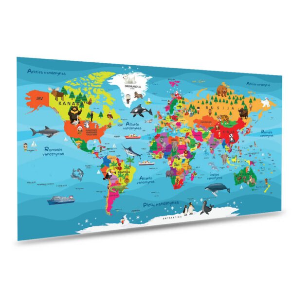 Pasaulio žemėlapis vaikams spalvotas lietuviškas