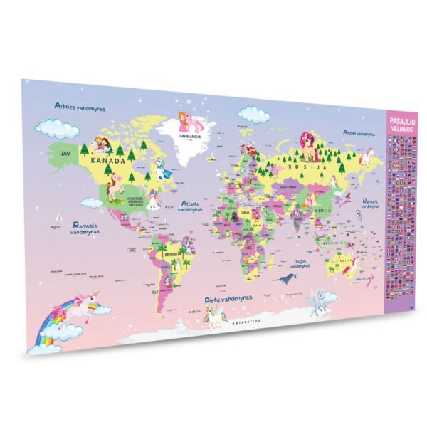 Žemėlapis mergaitėms rožinis su poniais ir vienaragiais lietuviškas